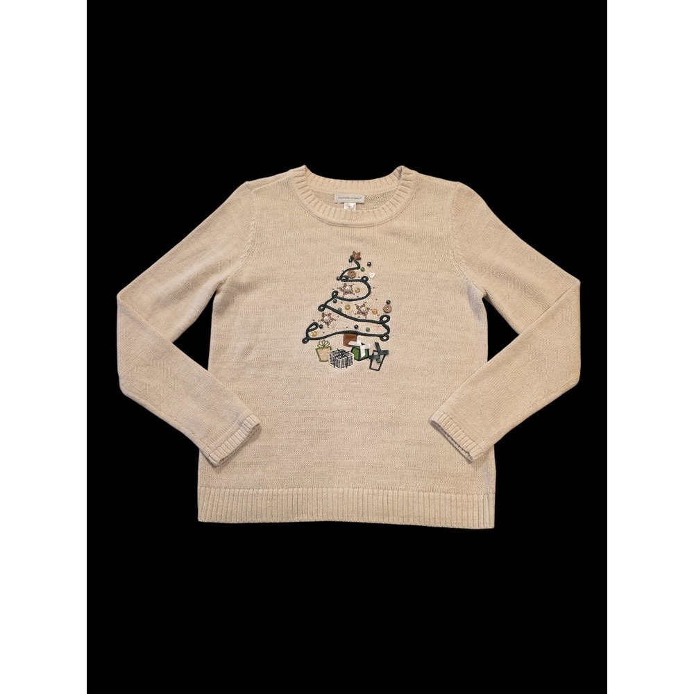 Christopher & Banks M Christmas Sweater Embellished Tree Beige Sparkle NWOT